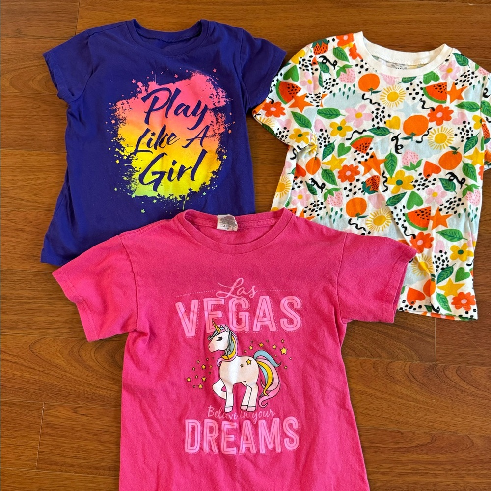Bundle of 3 adorable & varied short-sleeve graphic tees for girls, Size 5T.